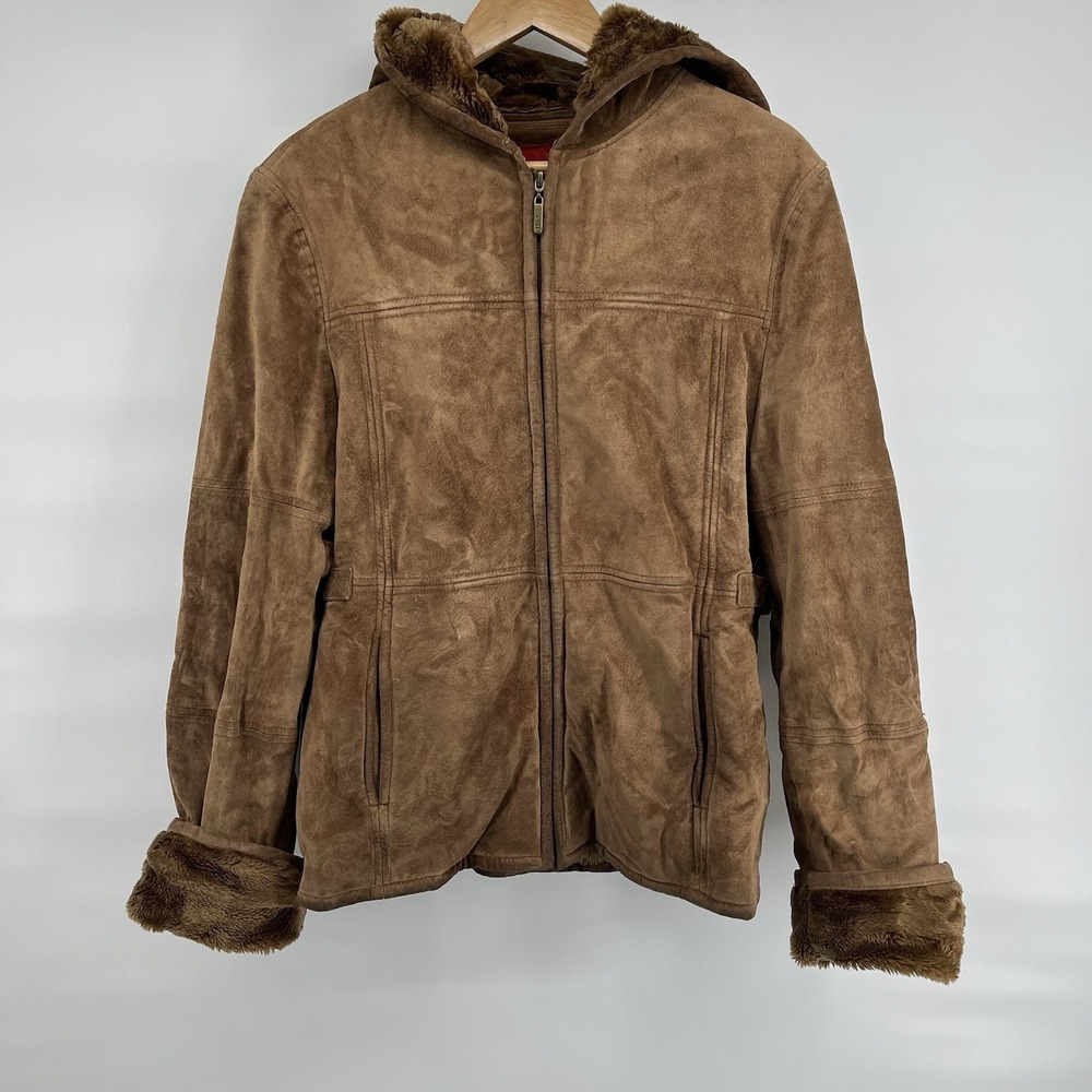Vtg ESPRIT Women's Large Genuine Suede Coat Faux Fur Lined Y2K Hooded Shearling